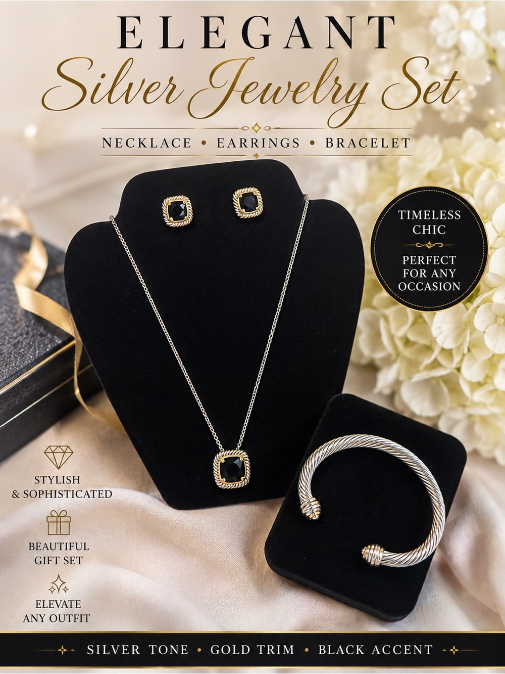 Elegant Silver Jewelry Set Necklace with Matching Earrings & a bracelet